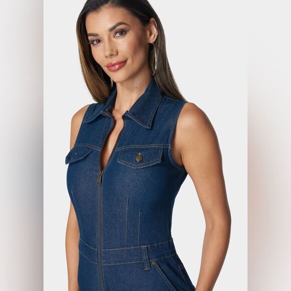 NWT Bebe Women's The Feminine Utility Jumpsuit in Denim Indigo Blue Size Medium - Picture 2 of 10